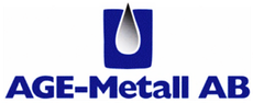 En blå och vit logotyp för age-metall ab