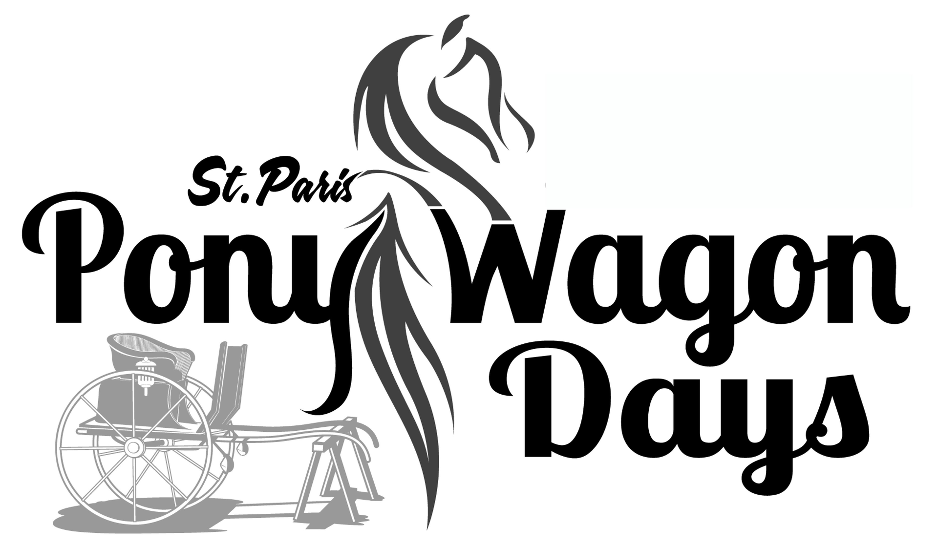 Logo for St. Park Pony Wagon Days. Horse head silhouette, pony wagon graphic, and event title text.