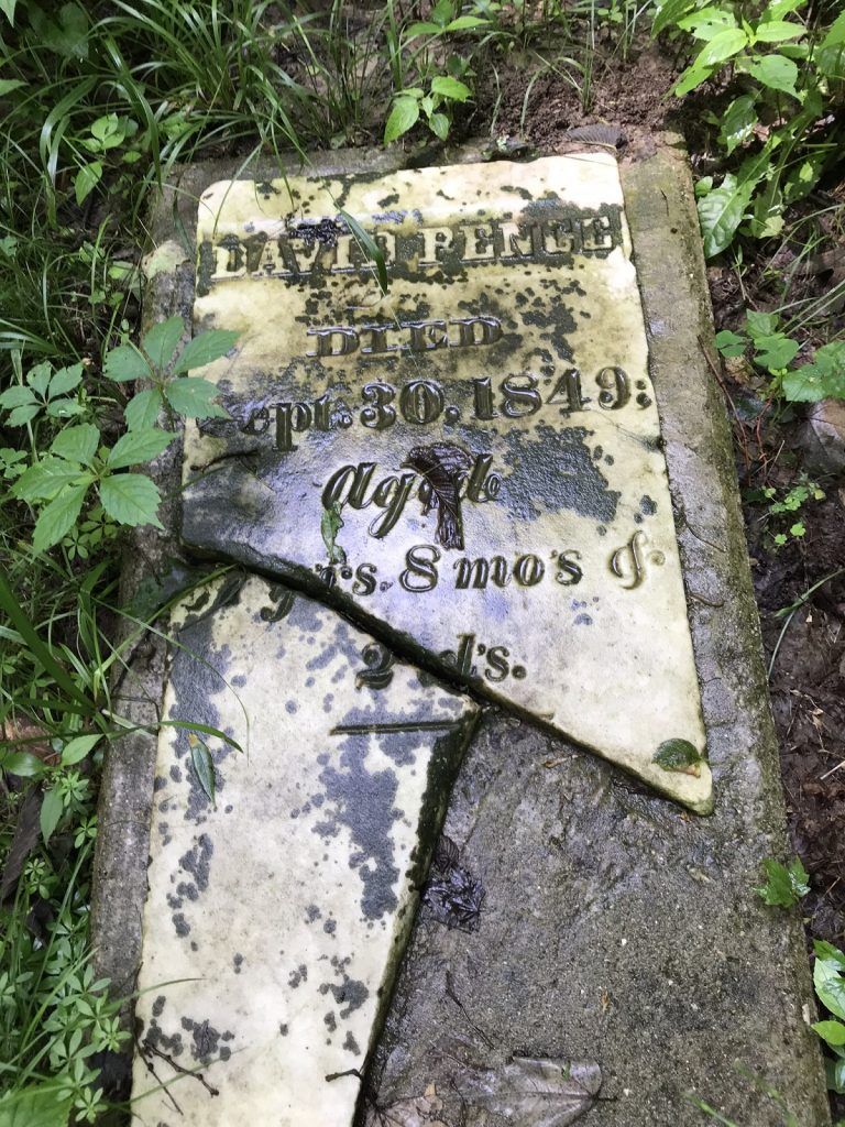 Broken, weathered tombstone in a forest. Inscriptions partially visible, including the date 1849, amongst green foliage.