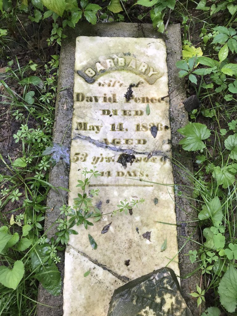 Weathered tombstone of David Pence, died May 14, 1851, aged 53 years, 11 days.