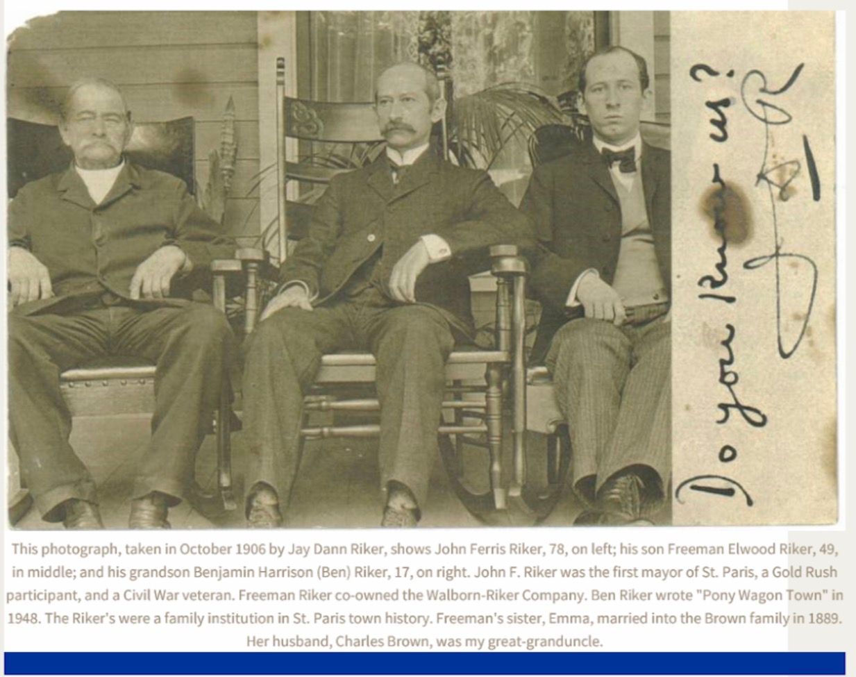 Three men seated, posed for photo. One with bow tie, others in suits, seated on porch. October 1890s.
