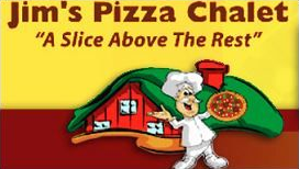 Jim's Pizza Chalet logo: chef holds pizza near a red chalet, slogan