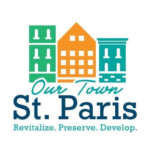Logo for Our Town St. Paris with colorful buildings and the slogan “Revitalize. Preserve. Develop.”