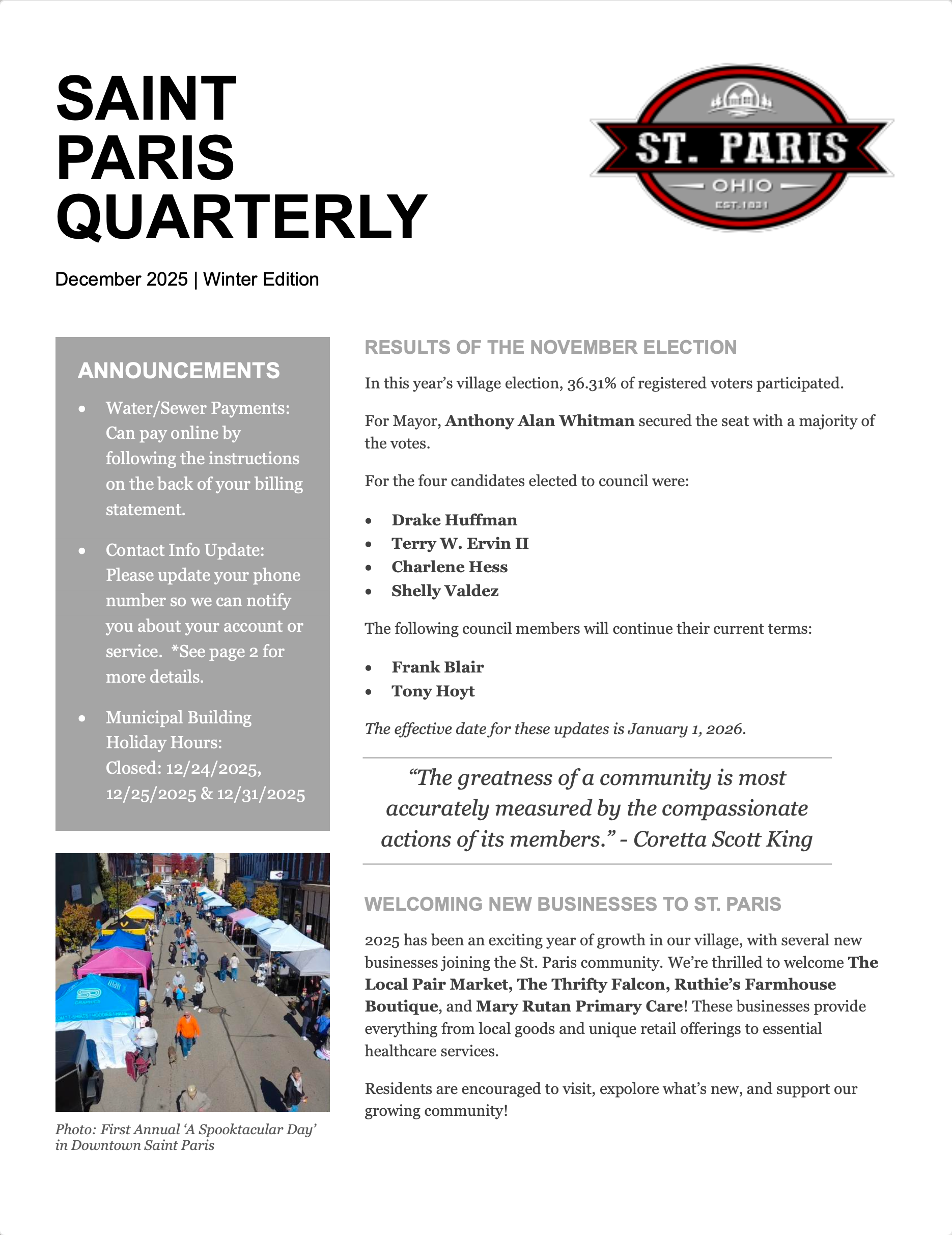 Saint Paris Quarterly newsletter with text and image of an outdoor event.