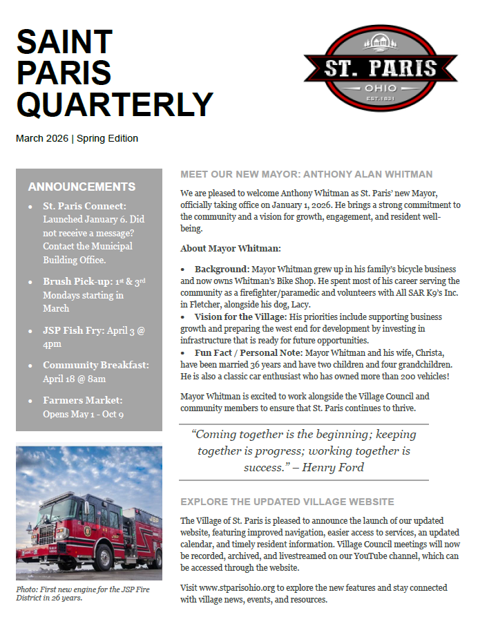 Saint Paris Quarterly newsletter with announcements, and street festival photo.