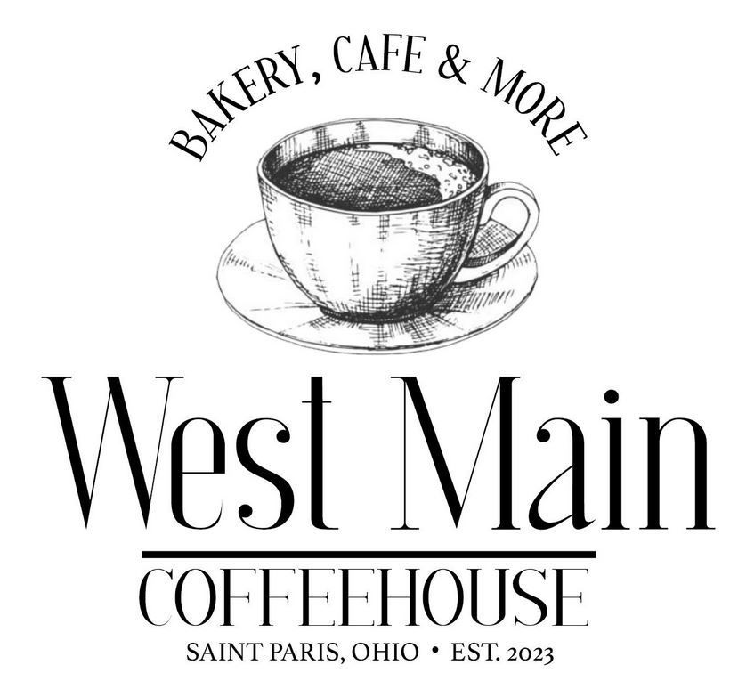 Logo for West Main Coffeehouse, featuring a coffee cup, with the text 