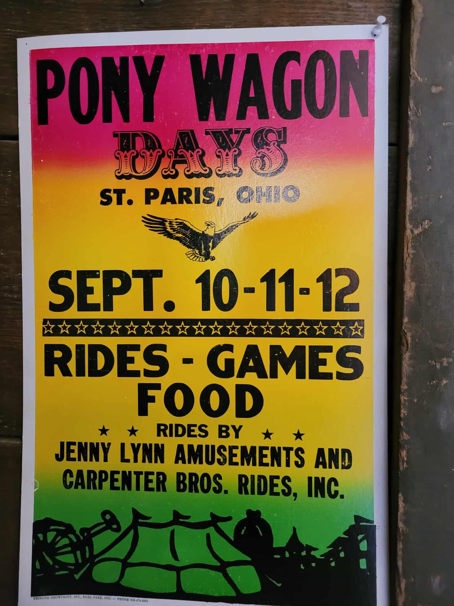 Poster for Pony Wagon Days in St. Paris, Ohio. Dates: Sept. 10-12. Features rides, games, and food.