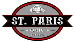 St. Paris, Ohio logo with red, black, and gray circular design, featuring a town scene and text.