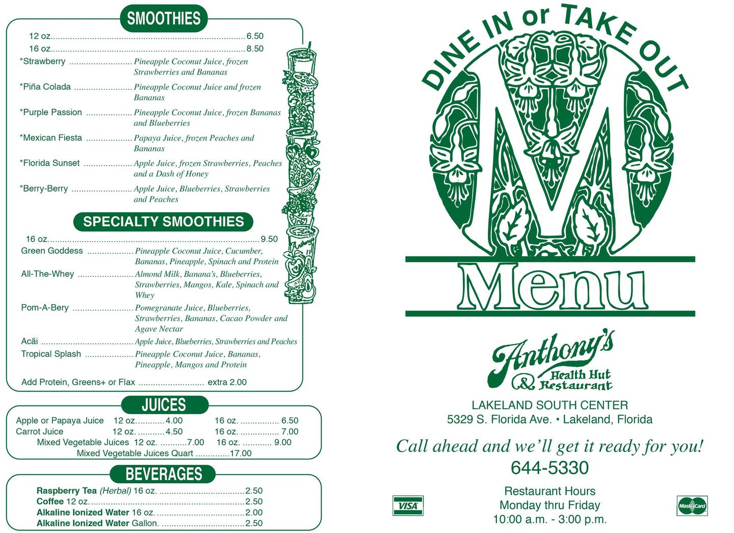 A green and white menu for anthony 's restaurant