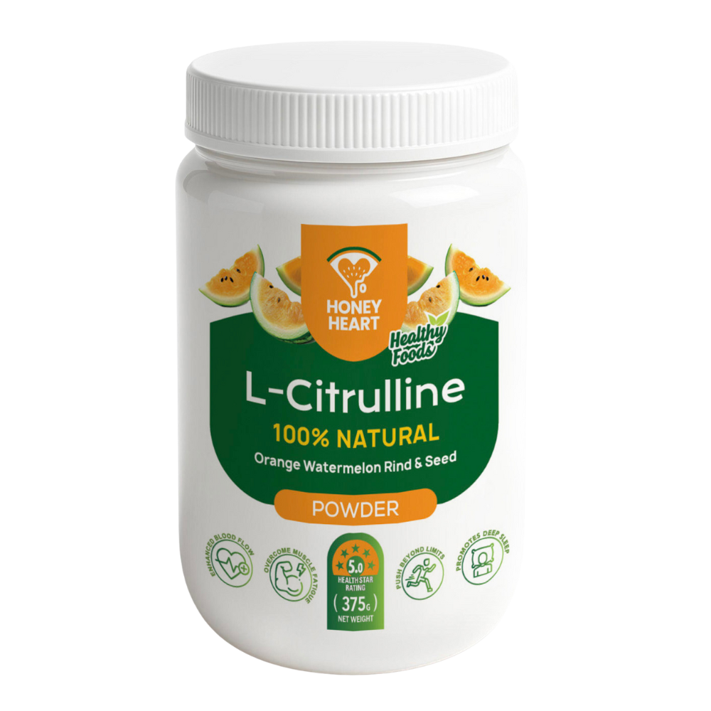 Three bags of honey heart l-citrulline pro 100 % pure on a white background.