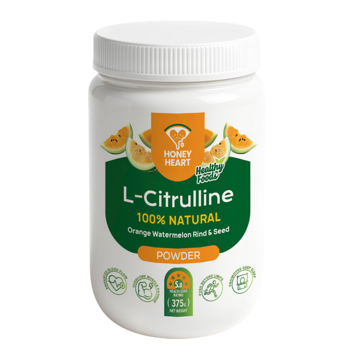 Three bags of honey heart l-citrulline pro 100 % pure on a white background.