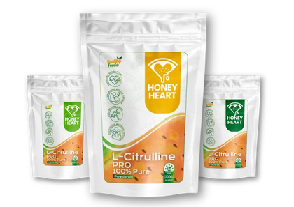 Three bags of honey heart l-citrulline pro 100 % pure on a white background.
