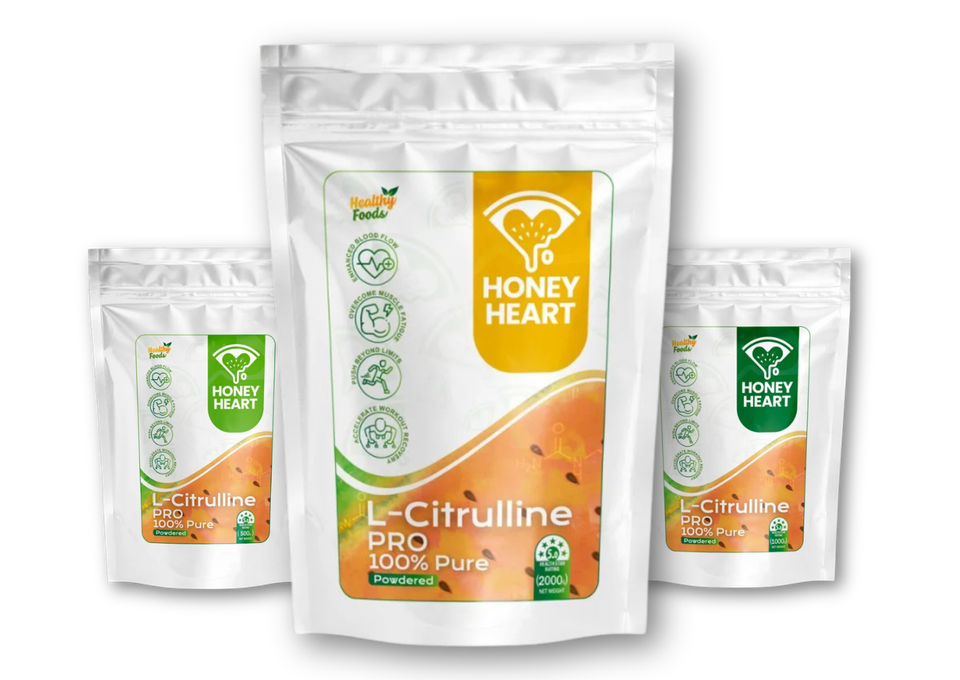 Three bags of honey heart l-citrulline pro 100 % pure on a white background.
