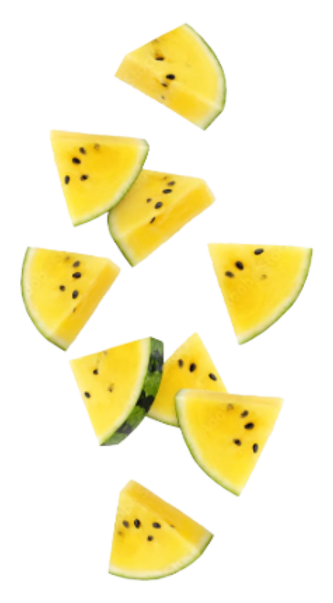 Yellow watermelon slices falling in the air on a white background