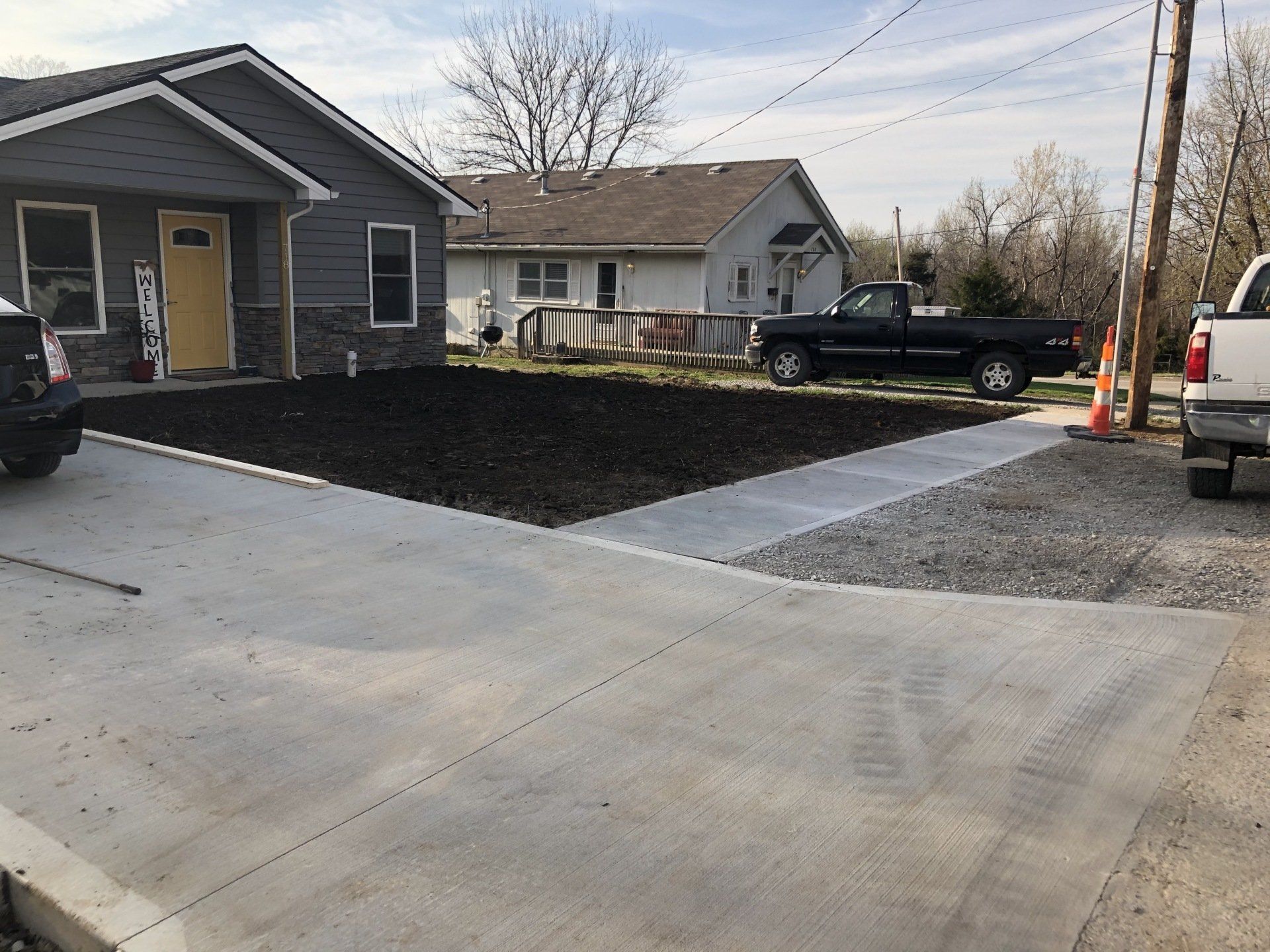 Freshly poured concrete driveway
