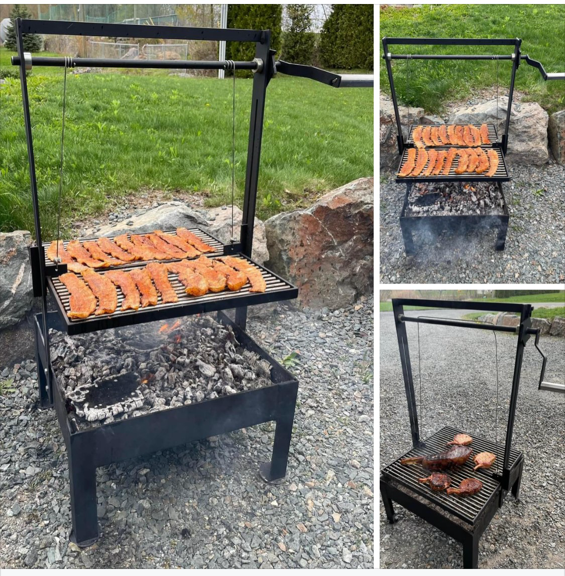 Outdoor grill with meat cooking on a rack above a bed of hot coals. Black metal frame and green grass background.
