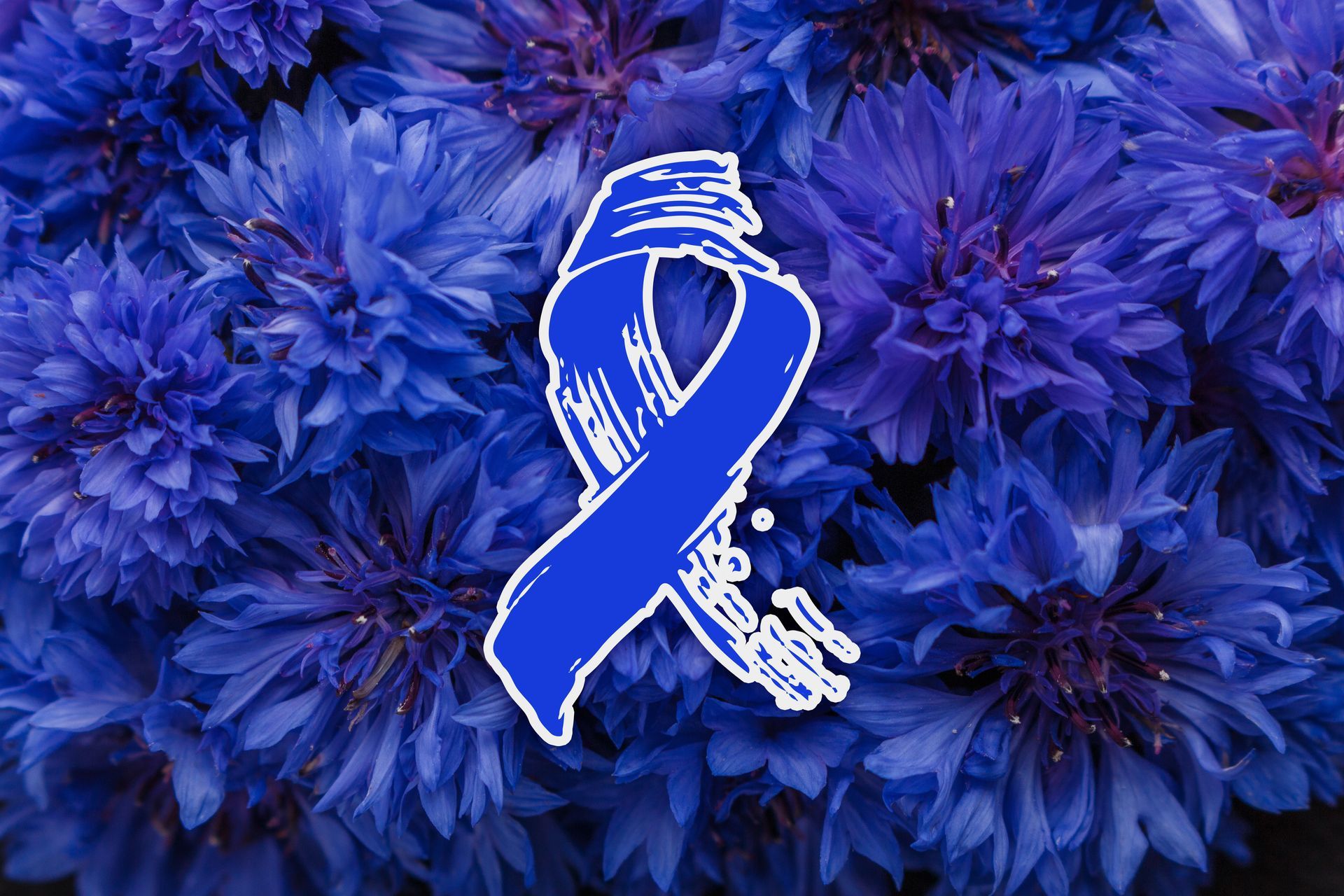 A blue ribbon is surrounded by blue flowers.