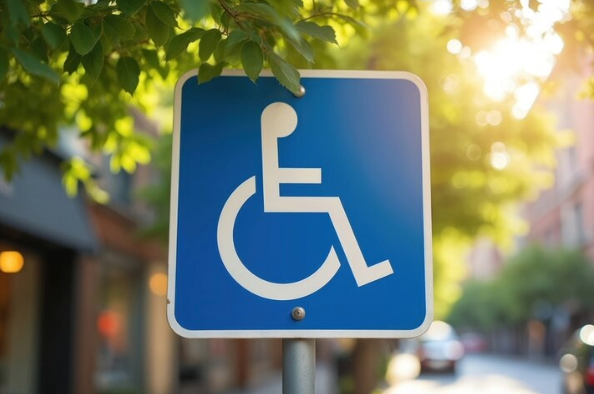 Blue and white handicap parking sign outdoors, sunny street in background.
