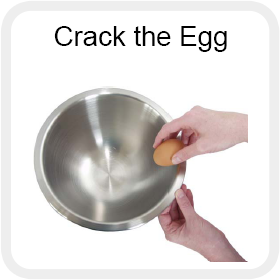 A person cracking an egg into a stainless steel bowl