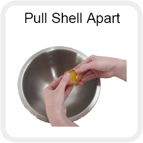 A person is pulling an egg out of a stainless steel bowl.