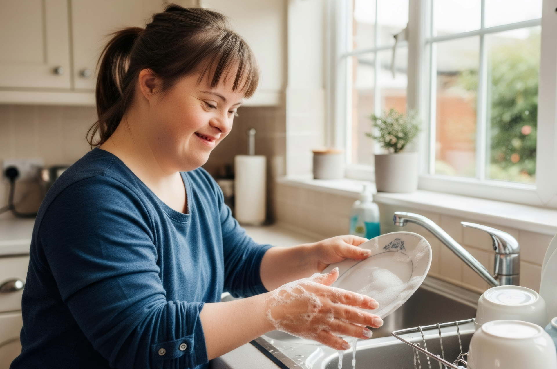 Woman with Down syndrome washing a dish in a bright kitchen.