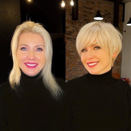 Eine Frau mit langen blonden Haaren und eine Frau mit kurzen blonden Haaren.