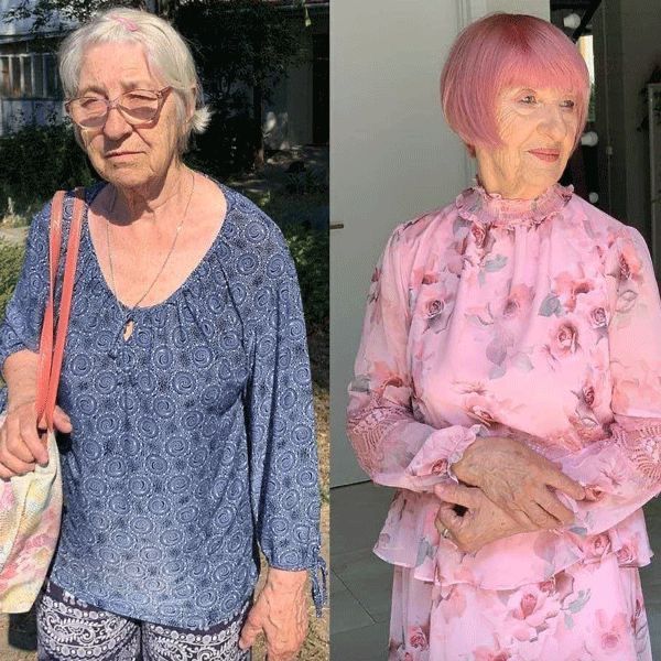 Zwei ältere Frauen stehen nebeneinander. Einer trägt ein blaues Hemd und der andere ein rosa Kleid.