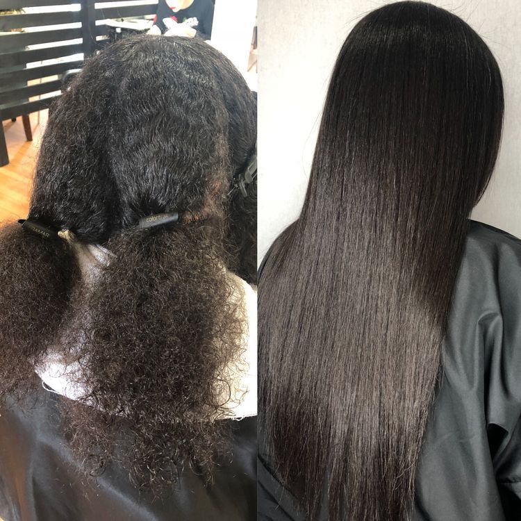 Ein Vorher-Nachher-Bild der Haare einer Frau.