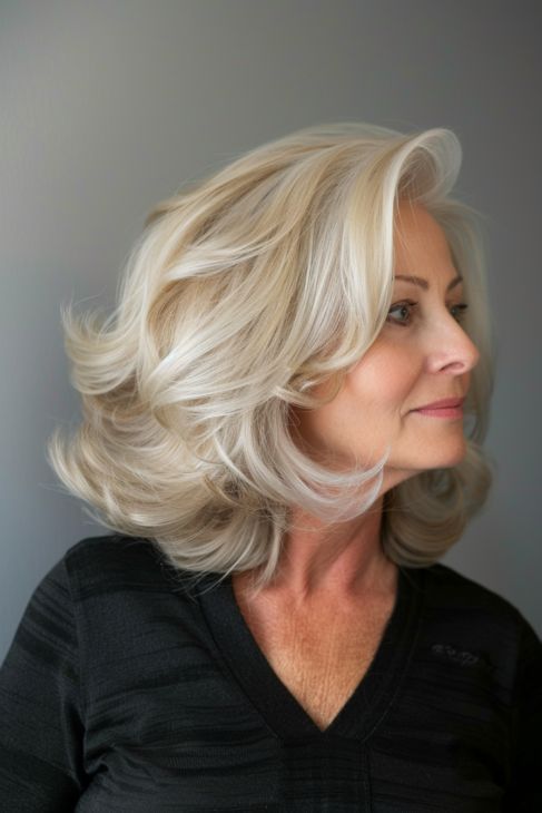 Eine Frau mit langen, welligen blonden Haaren trägt einen schwarzen Pullover.