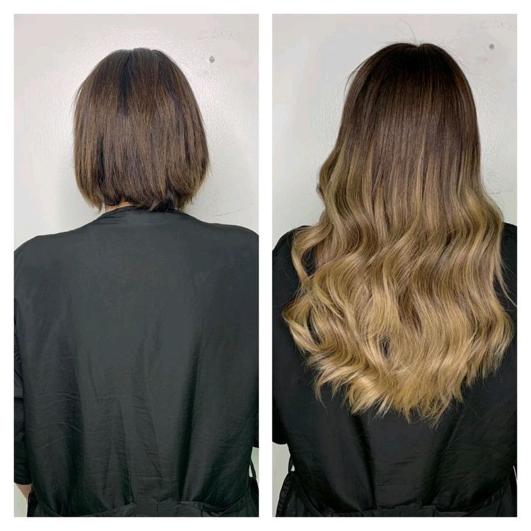 Ein Vorher-Nachher-Foto der Haarverlängerungen einer Frau.