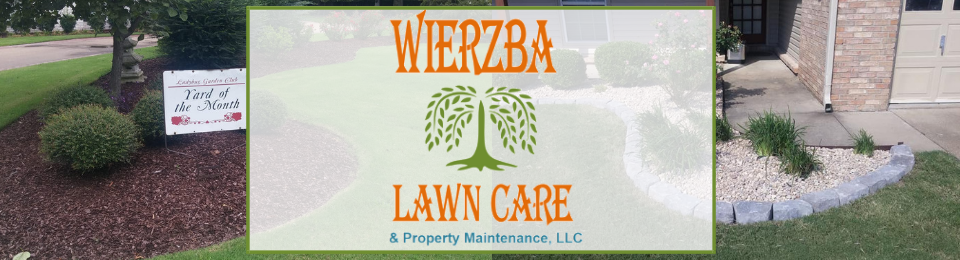 Lawn care business banner in orange and green between two landscaped yards and a brick house