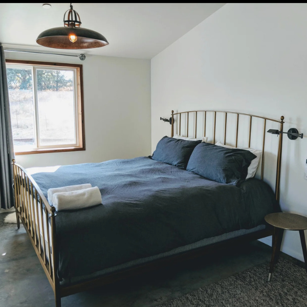 Minimal bedroom with a metal bed, dark blue bedding, window, and hanging light fixture