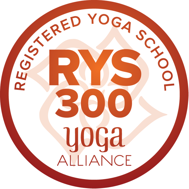 Orange circular RYS 200 Yoga Alliance logo with black text and star design