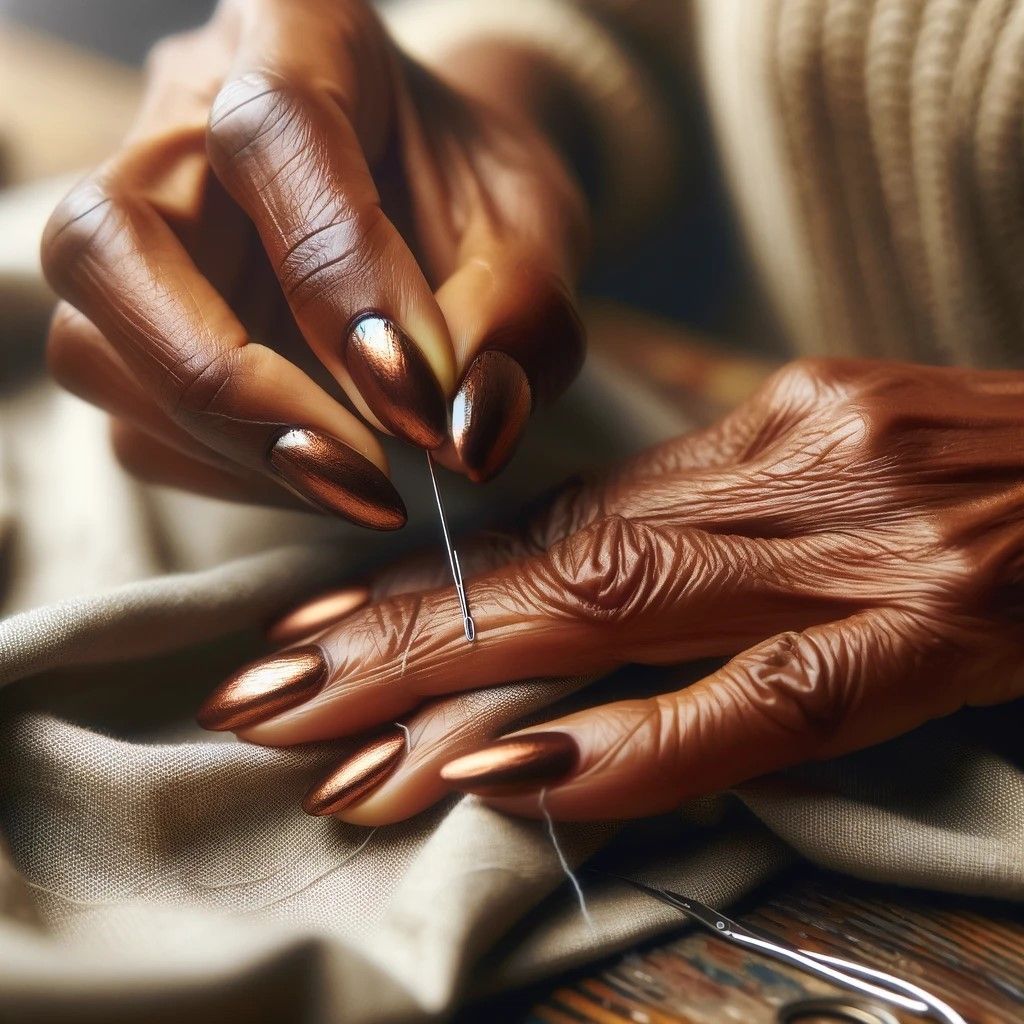 A close up of a person 's hands sewing a piece of fabric