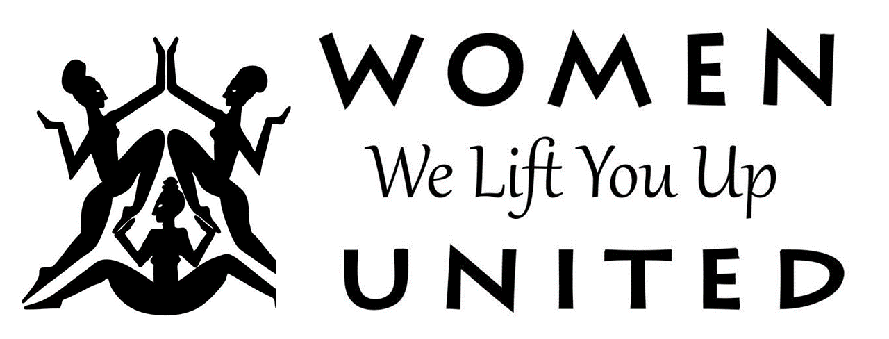 The logo for women united is black and white and says we lift you up