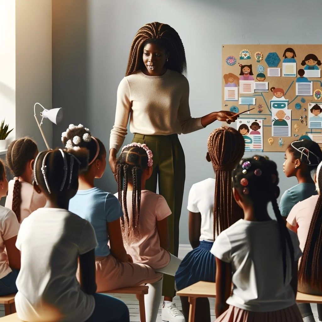 A woman is giving a presentation to a group of children.