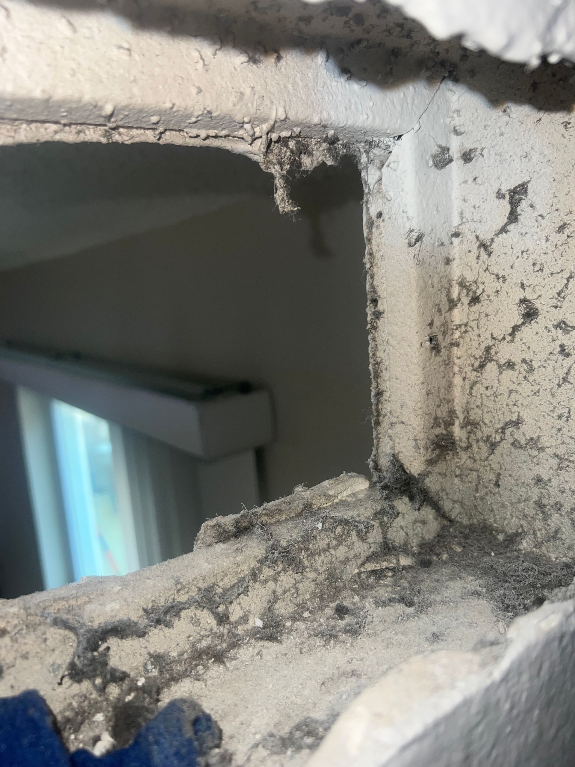 a close up of a hole in a wall with a window in the background .