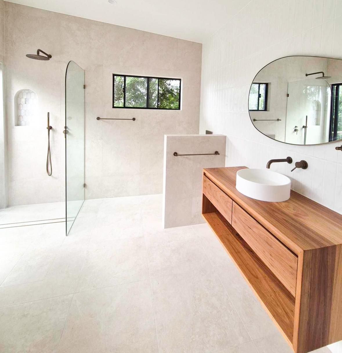 A Bathroom With A Sink A Mirror And A Walk In Shower — Reynolds Built In Dicky Beach, QLD