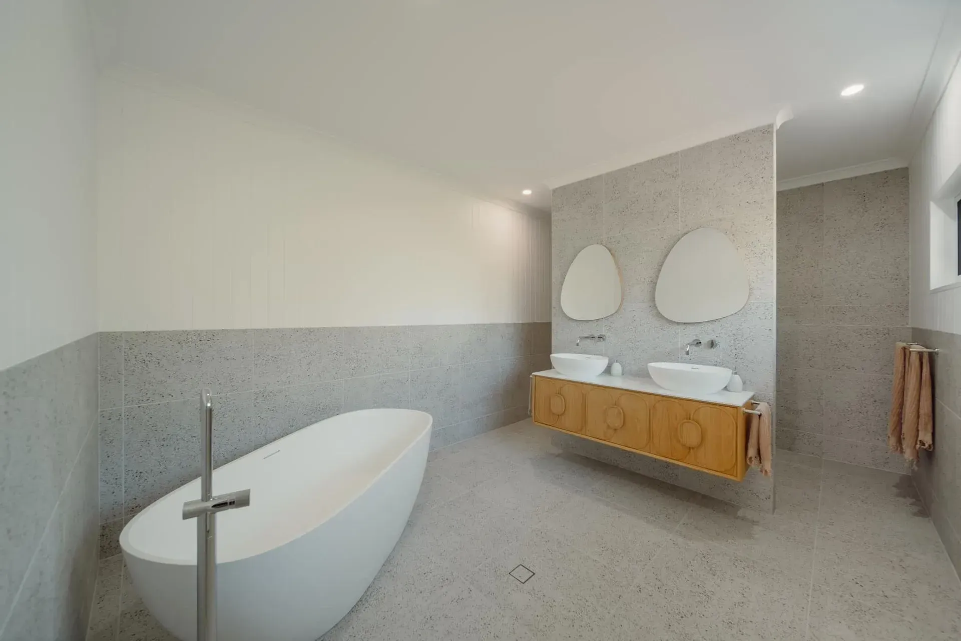 Modern Bathroom With a Freestanding White Tub — Reynolds Built In Dicky Beach, QLD
