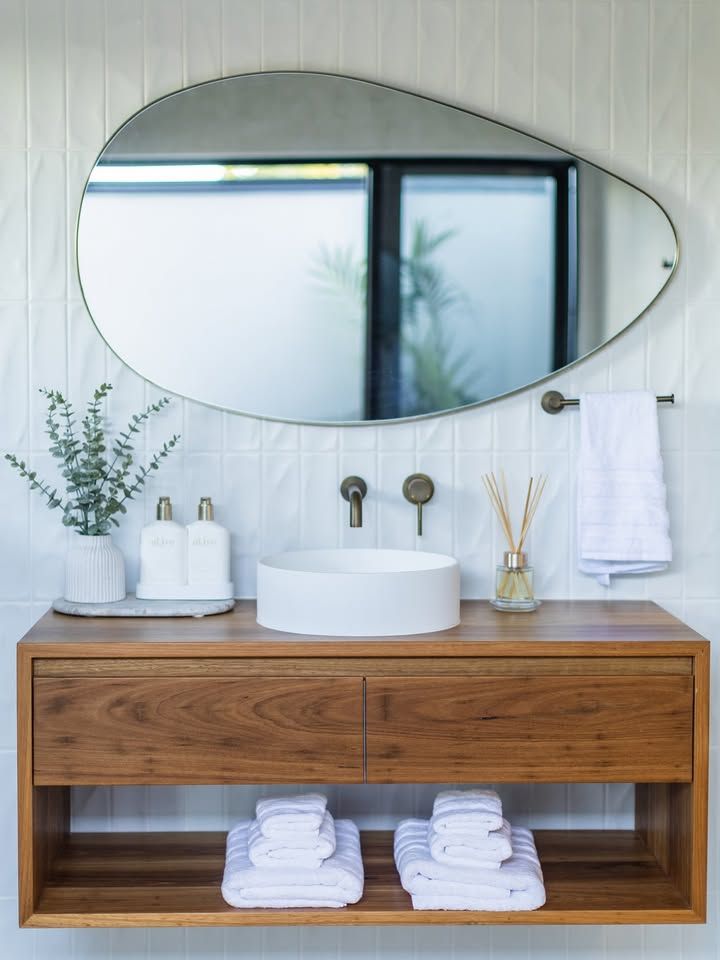 A Bathroom With Two Sinks And A Large Mirror — Reynolds Built In Dicky Beach, QLD