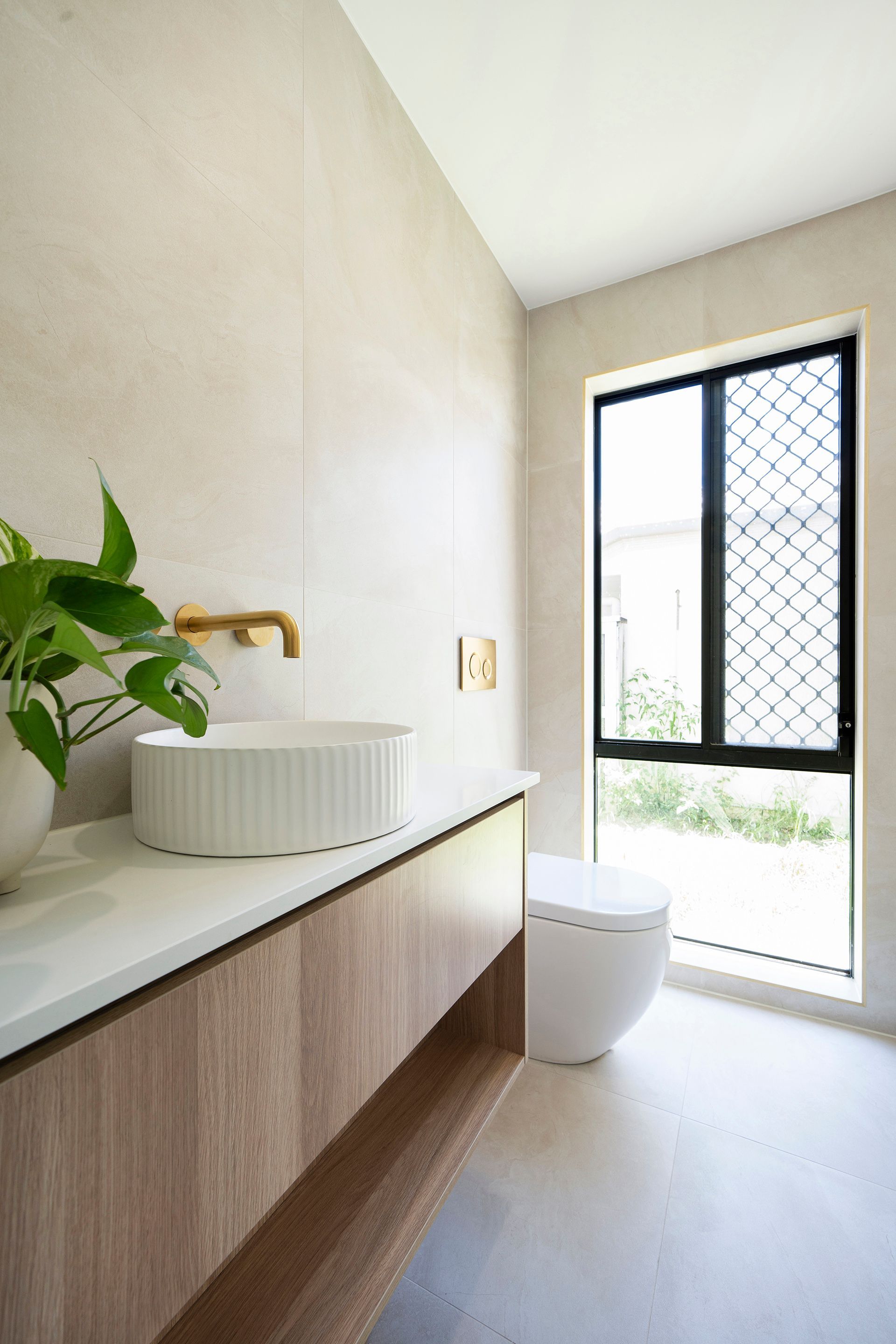 A Bathroom With A Sink A Mirror And A Walk In Shower — Reynolds Built In Caloundra, QLD