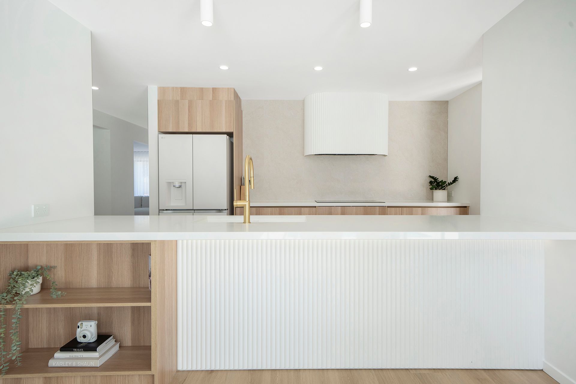 A Long Kitchen With White Cabinets And Wooden Shelves  — Reynolds Built In Sunshine Coast, QLD