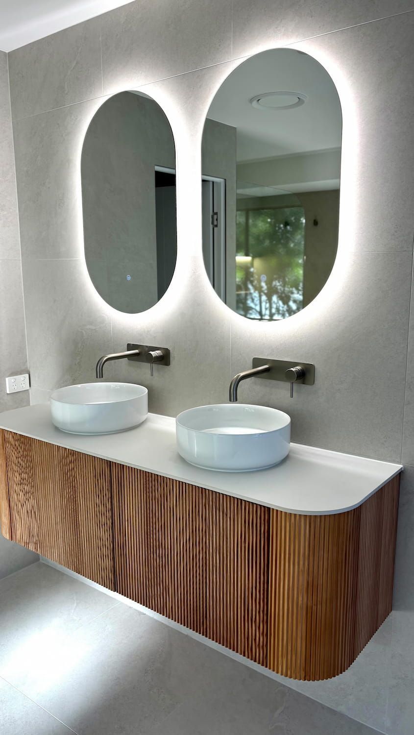 Bathroom With Two White Bowl Sinks, Wood-grain Vanity — Reynolds Built In Mooloolaba, QLD