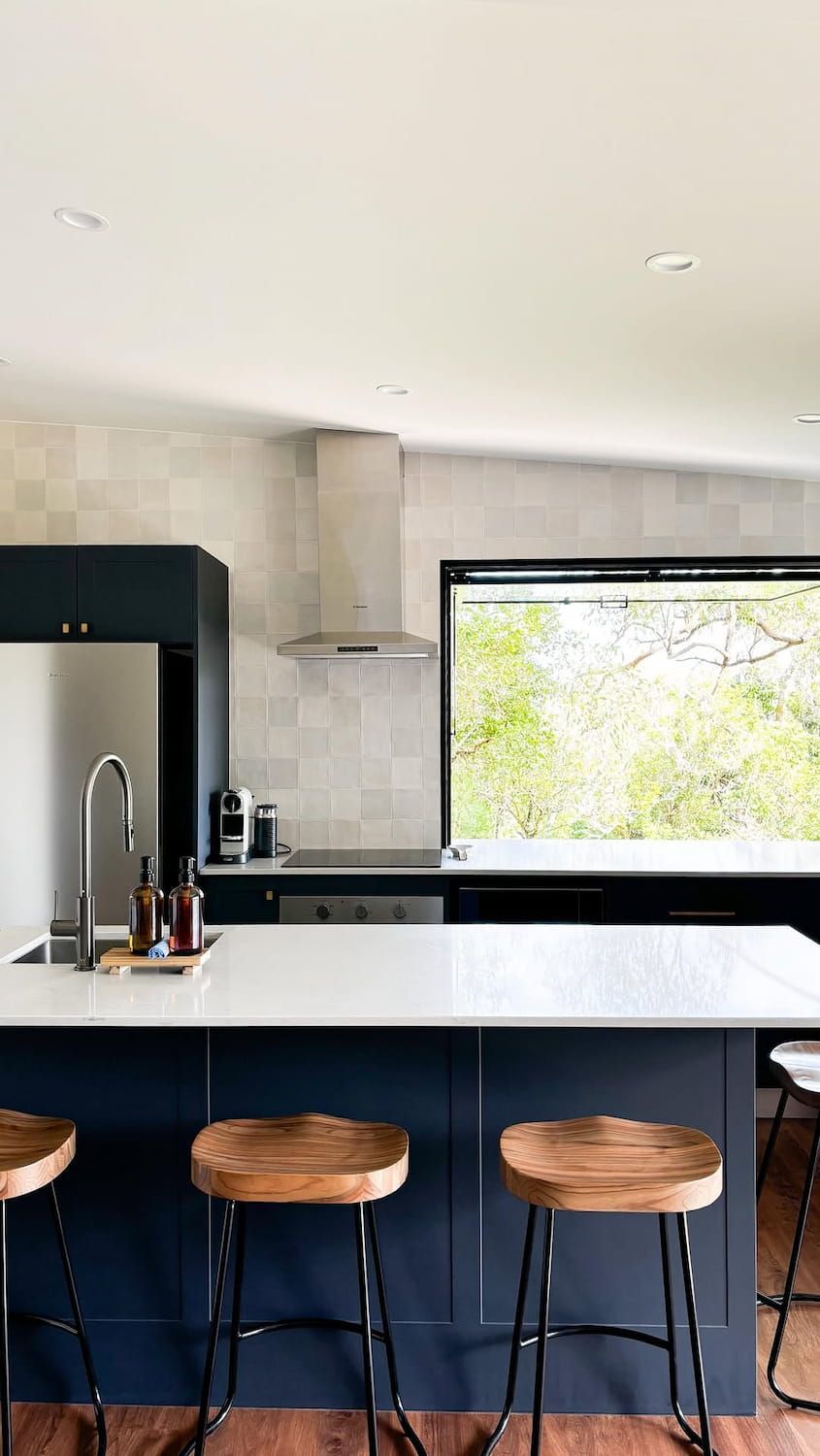 A Modern Kitchen With a Navy Blue Island — Reynolds Built In Caloundra, QLD