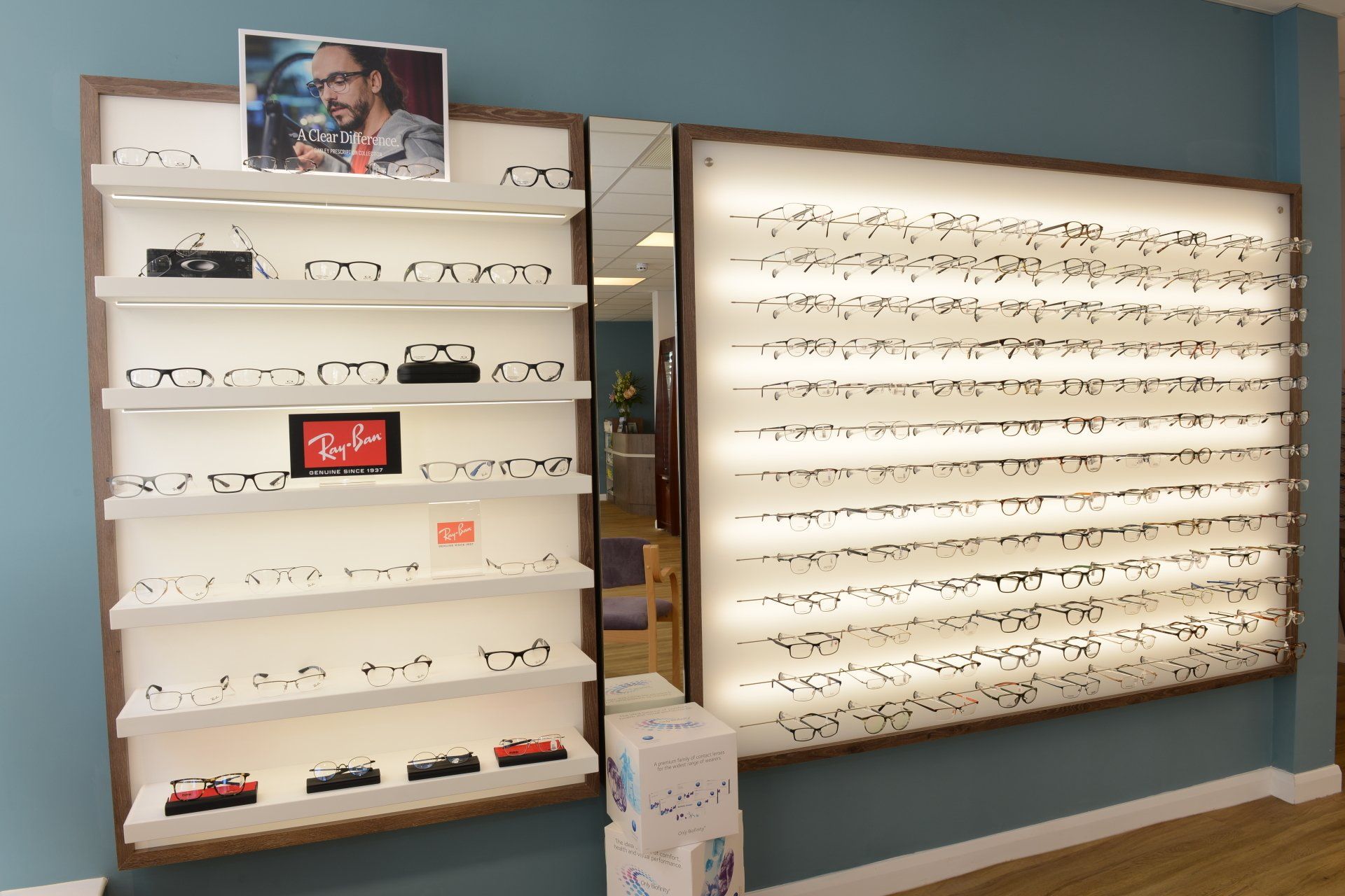 View of left hand side, eyewear & frame display of Eyewear Creations opticians.