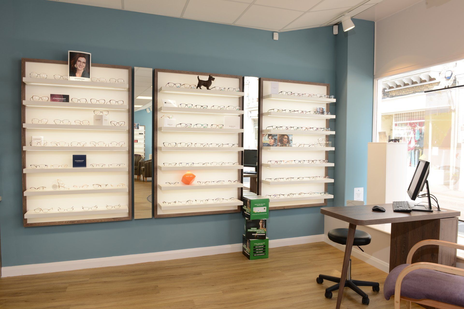 View of right hand side, eyewear & frame display of Eyewear Creations opticians.