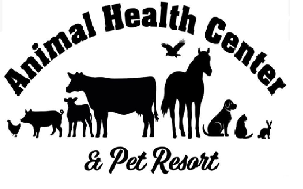 A black and white logo for animal health center and pet resort