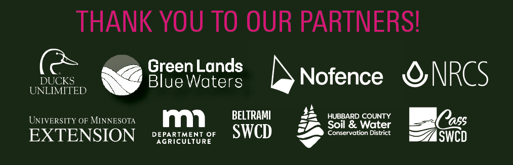 GrazeHERs 2026 Partners including University of Minnesota Extension, Ducks Unlimited, NRCS, Beltrami SWCD, Hubbard County SWCD, Green Lands Blue Waters, Nofence, MN Department of Agriculture
