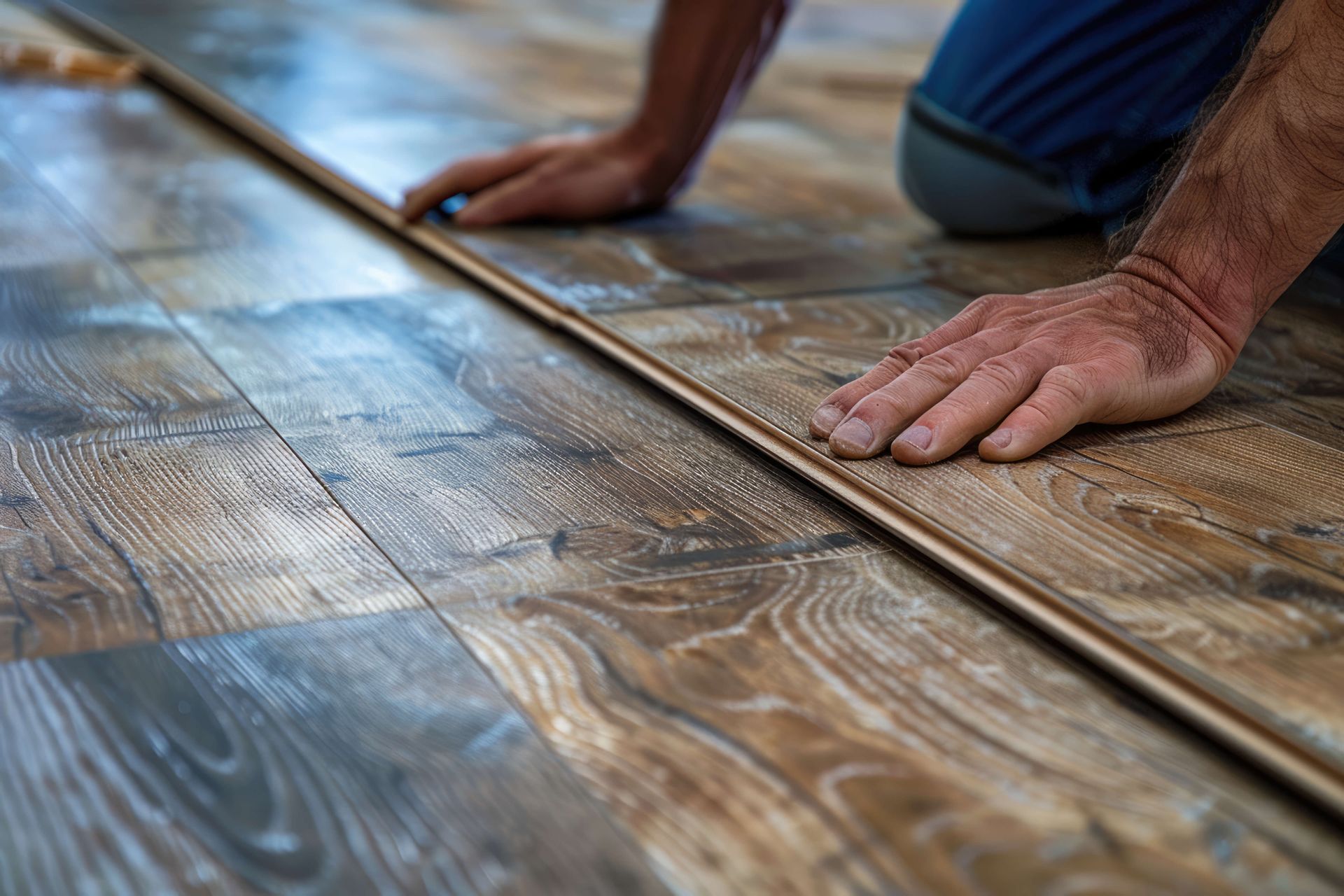 A man is installing a wooden floor in a room.