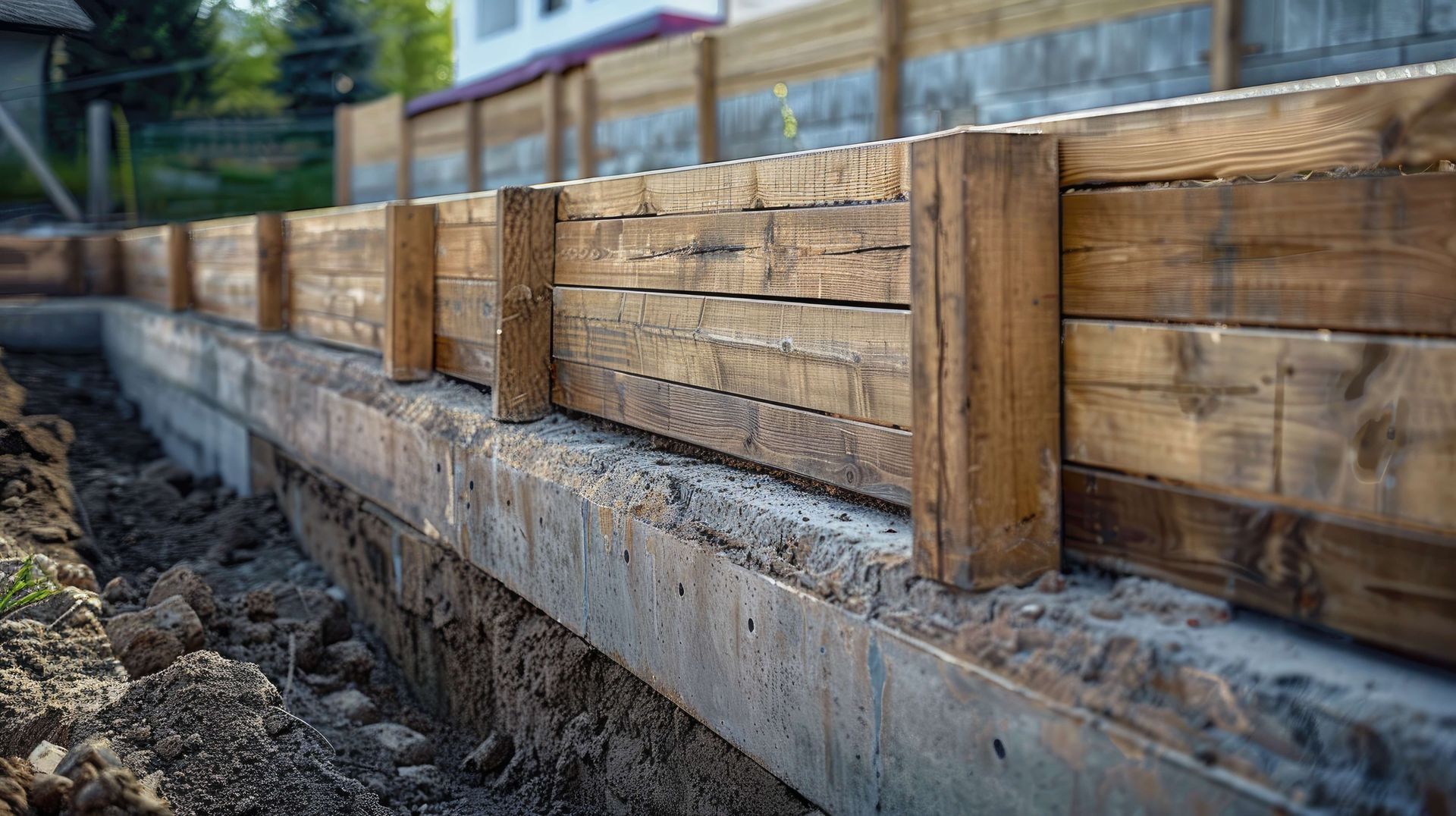 A wooden fence is being built on top of a concrete foundation.